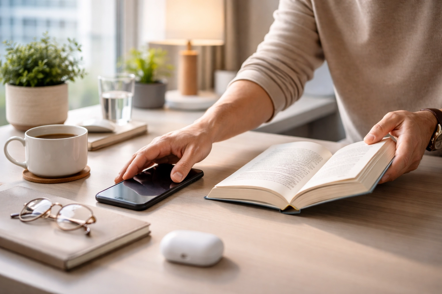 Person putting down their smartphone and reaching for a book – symbol of the Going Analog trend